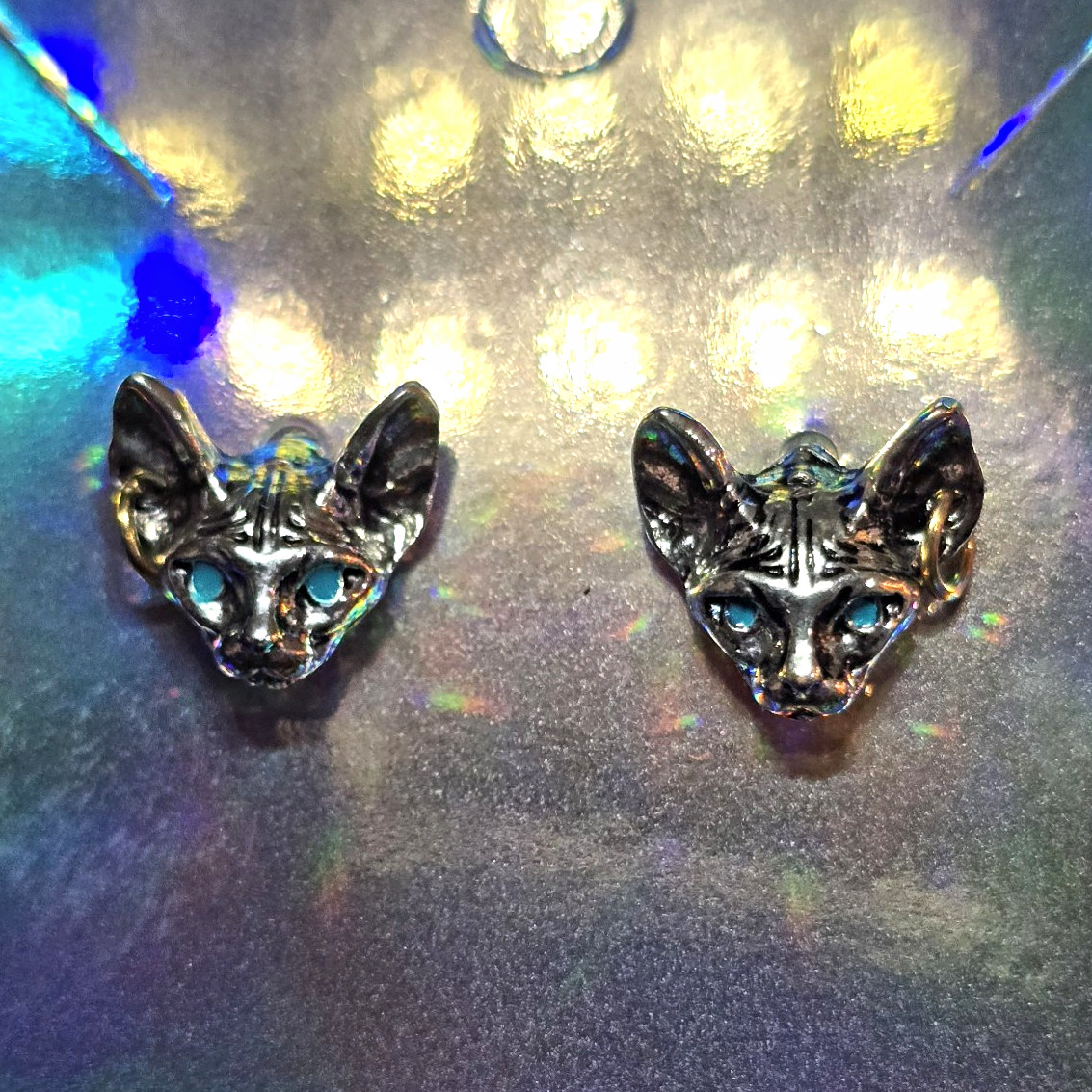 Silver Tone Sphynx Naked Cat Face Stud Earrings Blue Round Rhinestone Studs