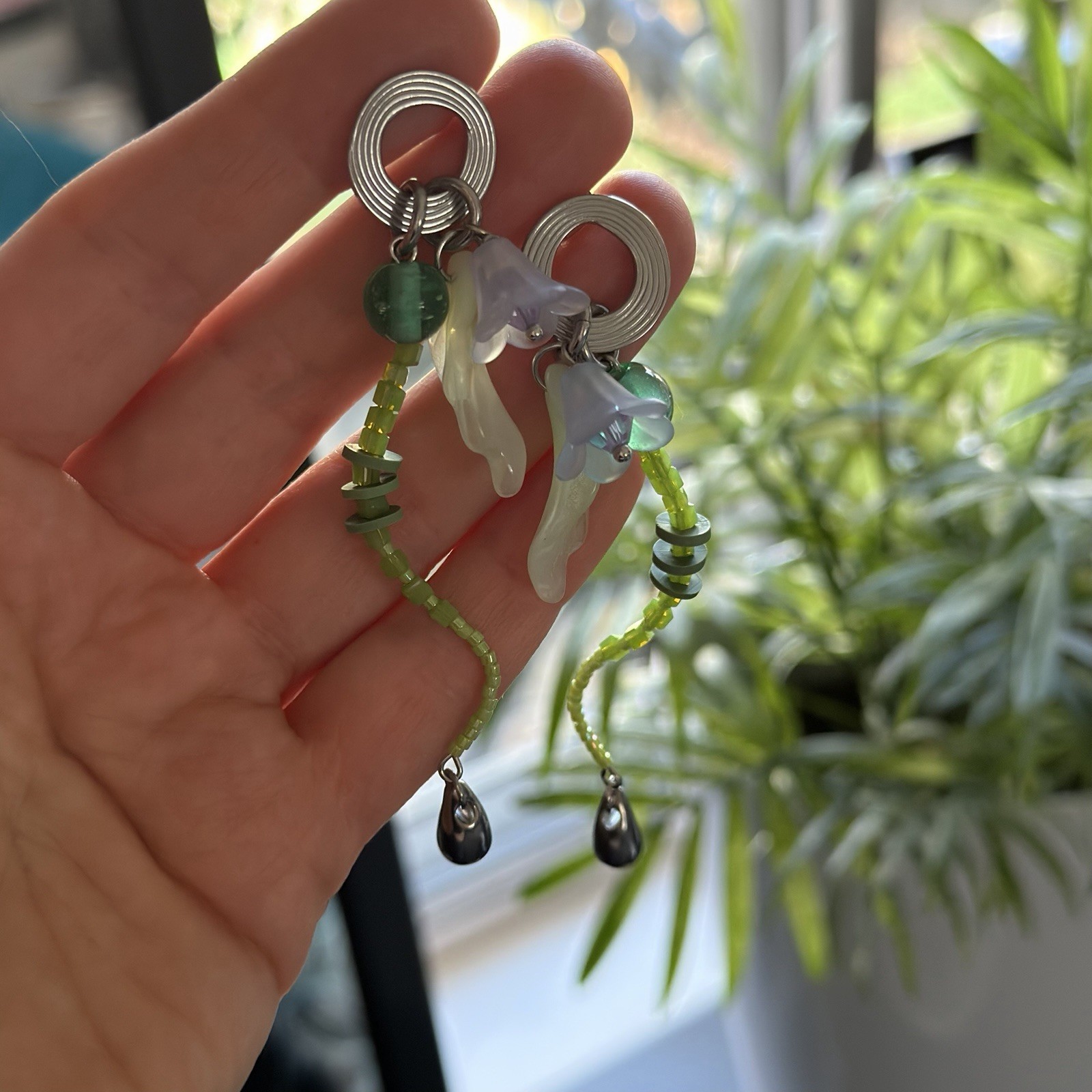 Green Purple Glass Beaded Dangle Drop Earrings, Steel Spiral Stud
