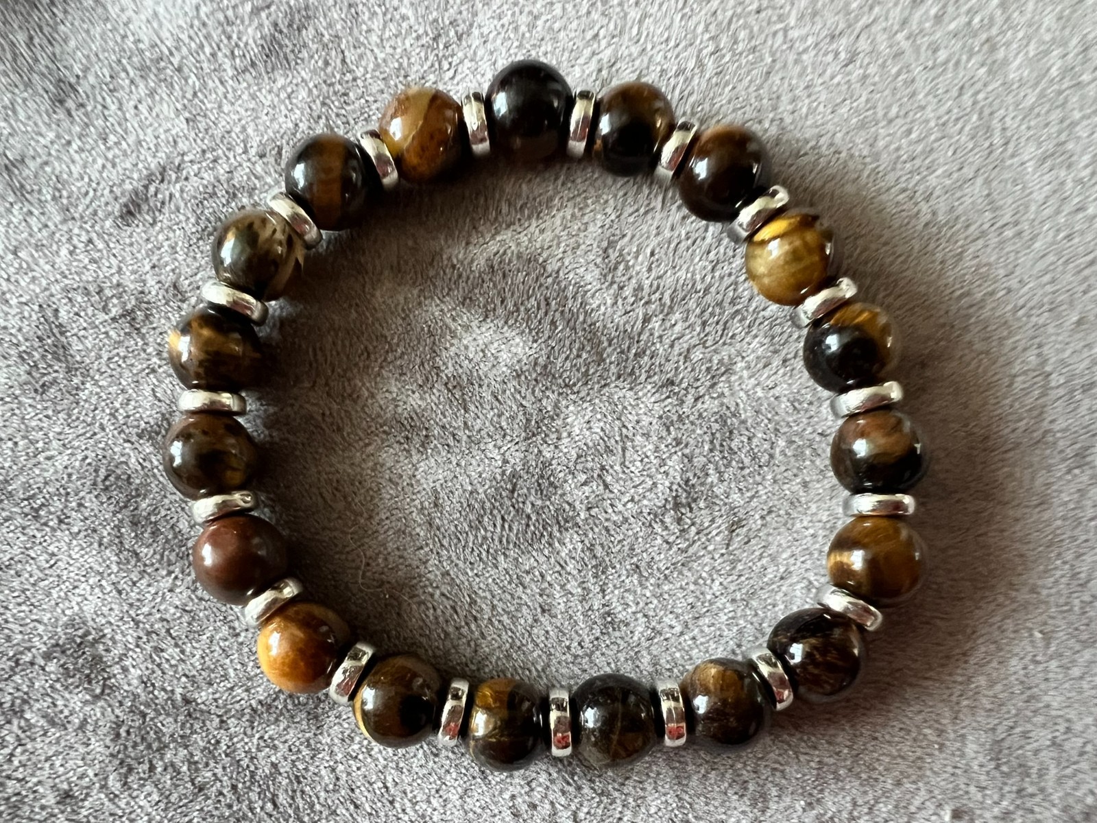 handmade elastic unique tiger eye stone beads & silver accents bracelet