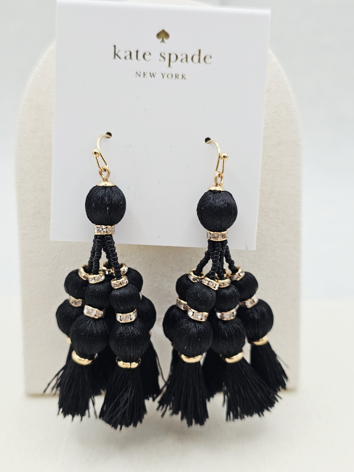 Kate Spade Pretty Poms Small Tassel Gold Earrings in Black, Rhinestones NWT 💕