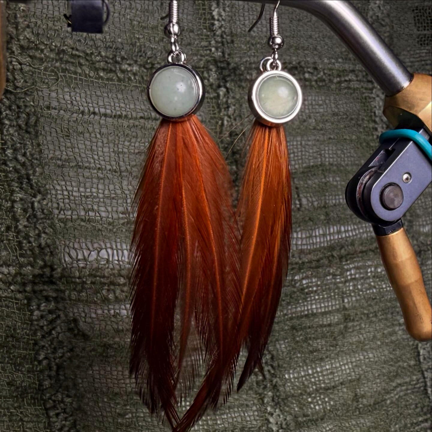 Whiting Farms Feather Dangle Earrings Green Adventurine Charm