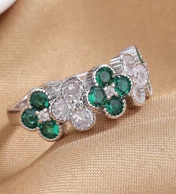 Women Synthetic Zircon Green Clover Open Ring Four-leaf Lucky Shamrock Size 6