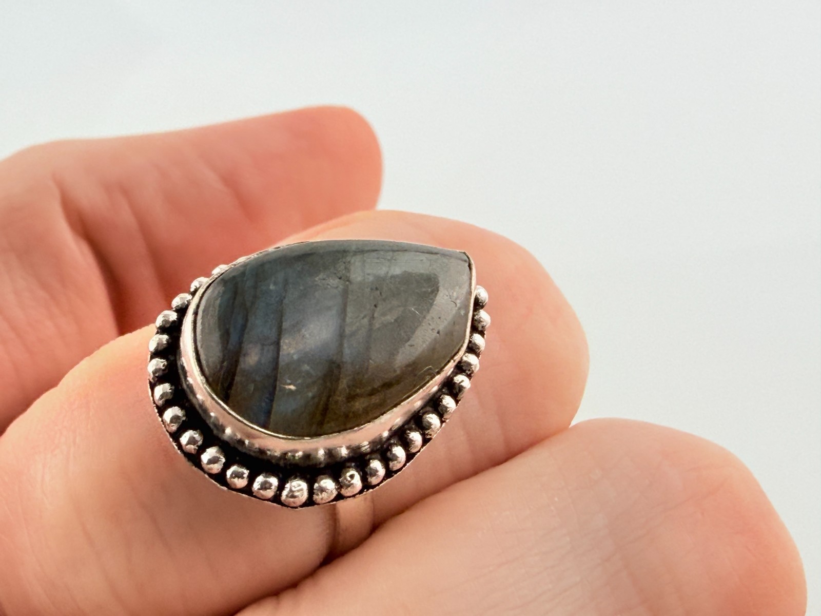 Silver Plated Metal Labradorite Pointed Cabochon Ring Size 6.25 5.5 Grams Weight