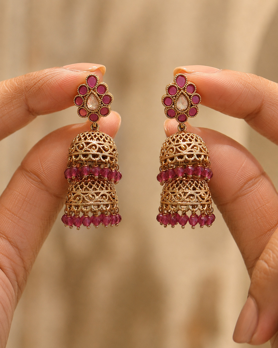Dual Layer Gold Tone Jhumka Earrings with Ruby Pink Stones Crystal Roz Jewellers