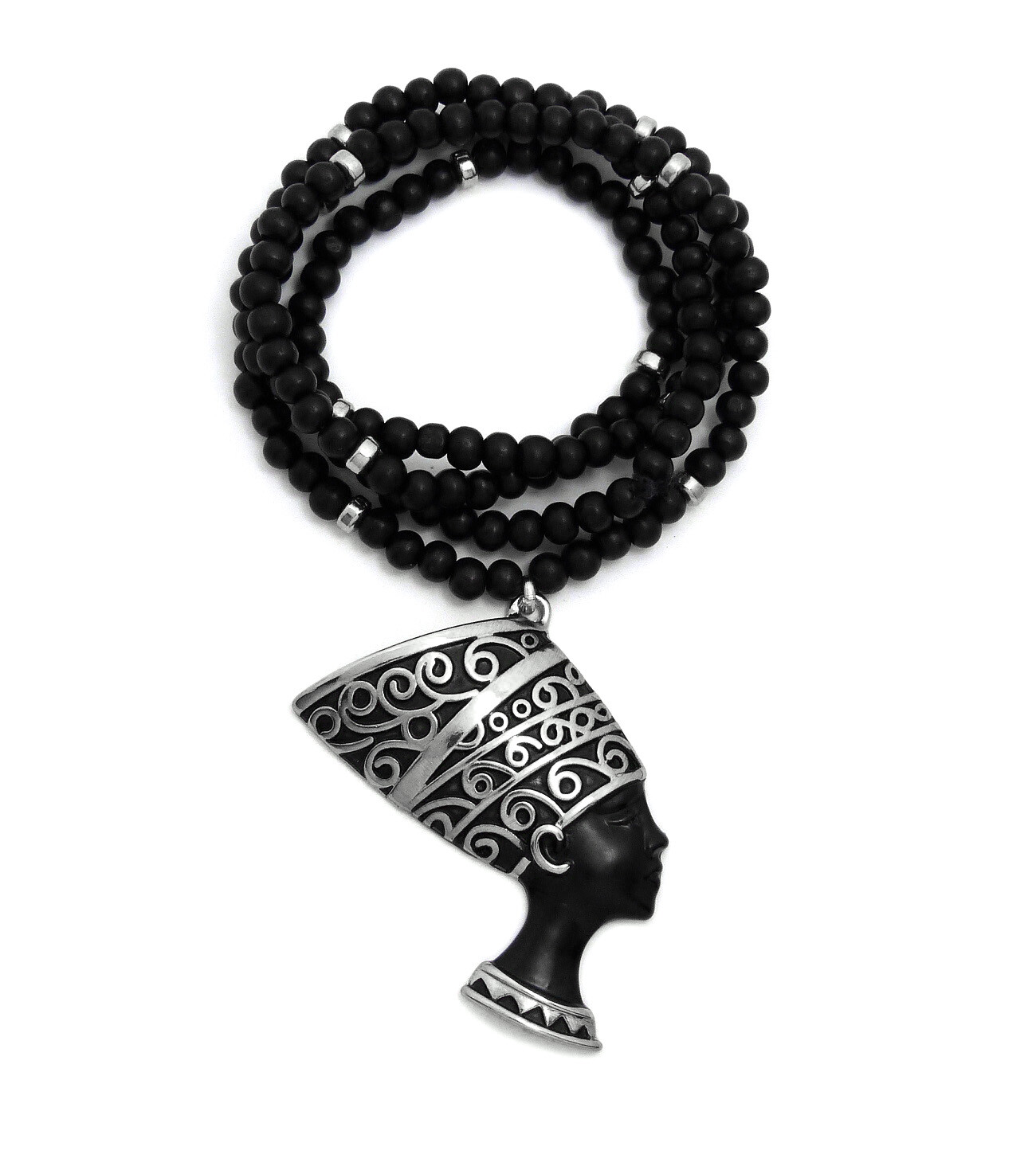 Egypt Queen Bigger Nefertiti Pendant 6mm 30″ Wooden Bead Chain Hip Hop Necklace