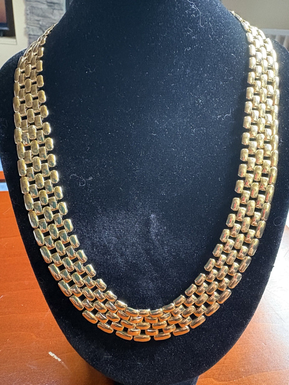Gold Tone Multi-Row Curb Link Chain Statement Bib Necklace Box Clasp 16 inch