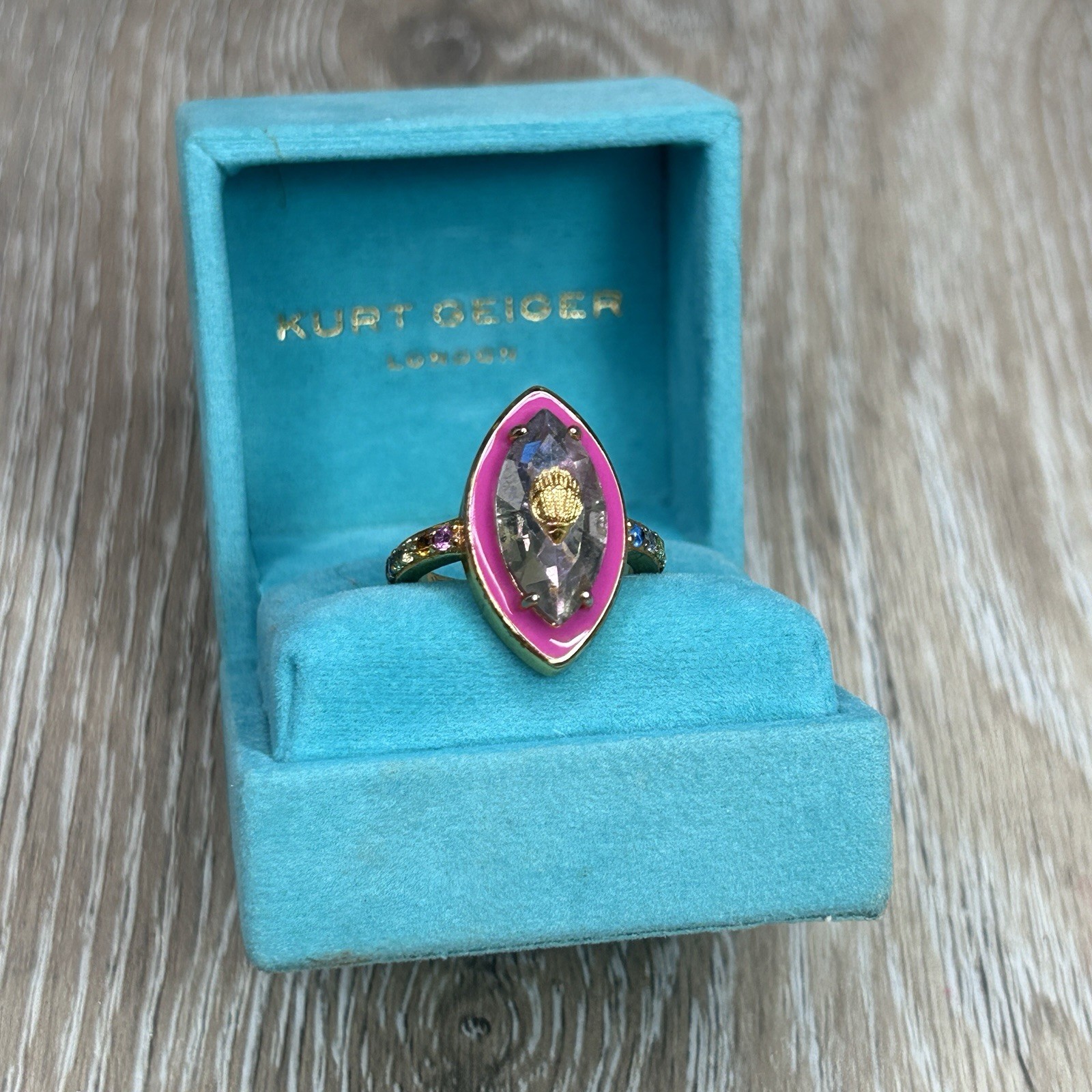 Kurt Geiger London Gold Statement Ring Size 8 Pink Enamel Crystal Gemstone