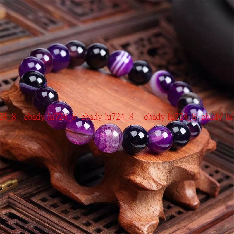 Fashion 6/8/10/12mm Purple Striped Agate Gems Round Beads Elastic Bracelet 7-9″