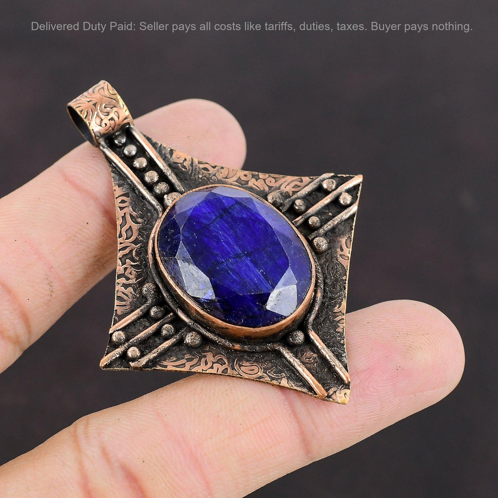 Copper Oval Blue Saphire Stone Mother Ethnic Engagement Trendy Bezel New Pendant