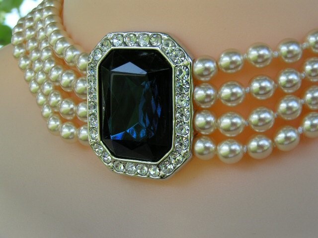 KENNETH JAY LANE KJL PRINCESS DIANA PEARL SAPPHIRE CRYSTAL NECKLACE/EARRINGS SET