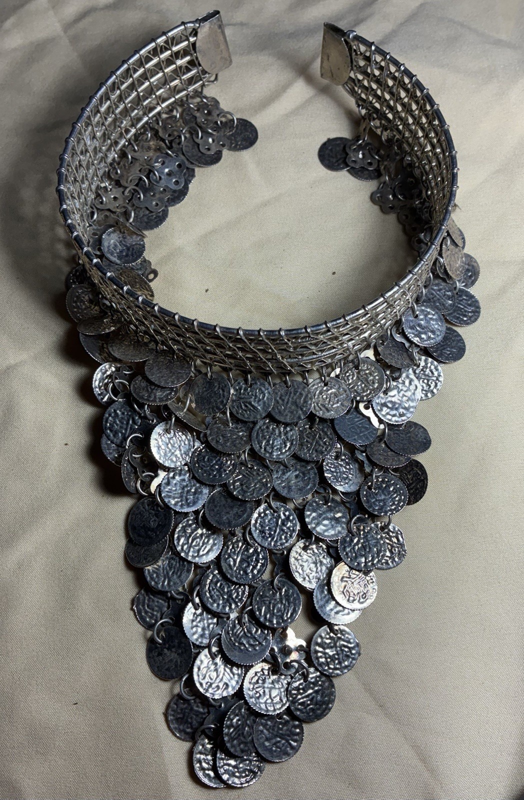 Silver Tone Mesh Choker Bellydance Bohemian Pyramid Coin Discs item #10