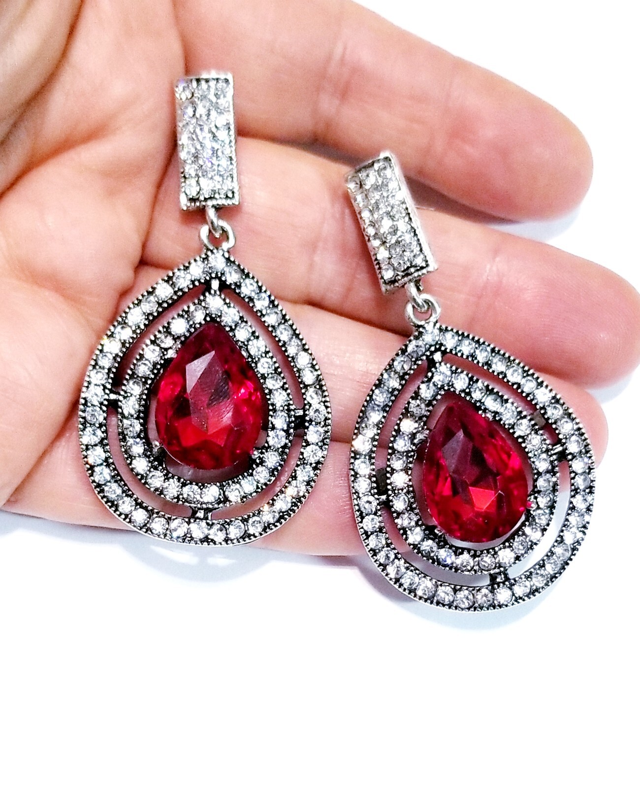Bridesmaid Drop Dangle Chandelier Earrings 2.4 in Red Rhinestone Pageant Prom