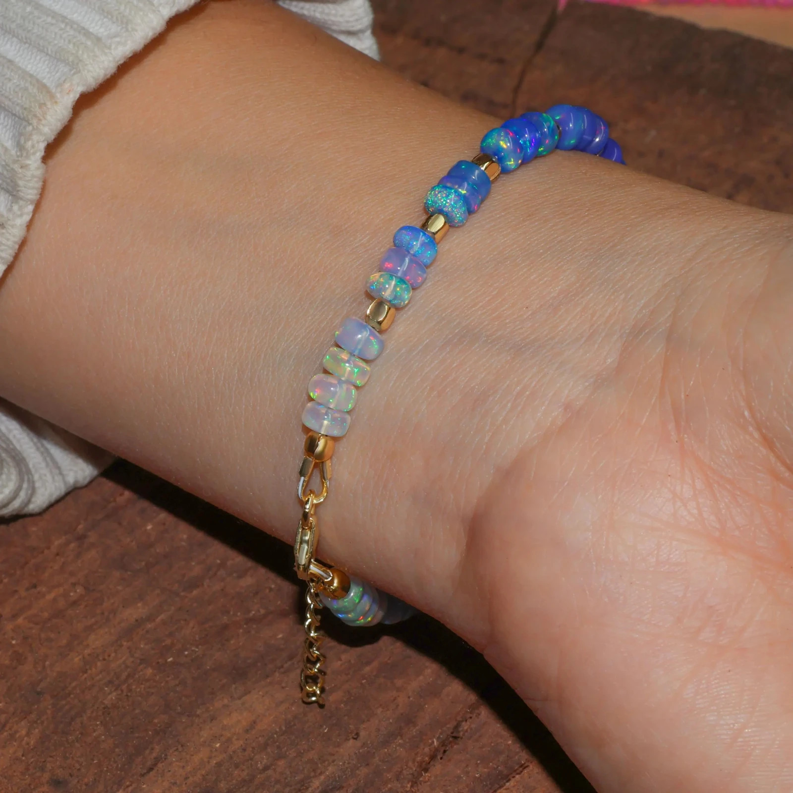 Blue Opal Smooth Beads Dainty Bracelet, AAA Ethiopian Opal Gemstone Jewelry