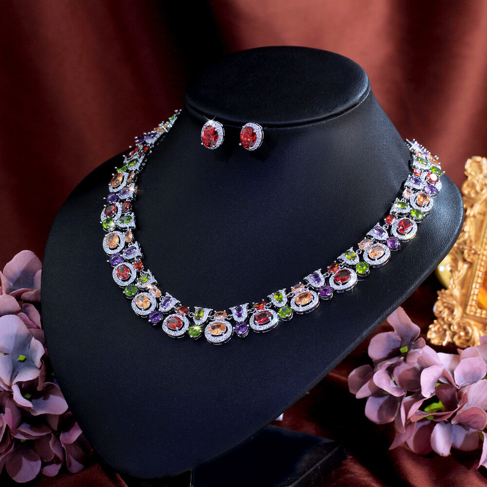 Multicolor Oval Geometric Necklace Earrings Silver Plated CZ Bridal Jewelry Set