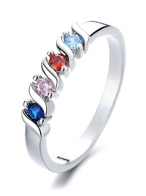Platinum-Plated Copper Multicolor Cubic Zirconia S-Curve Wave Ring Size 8