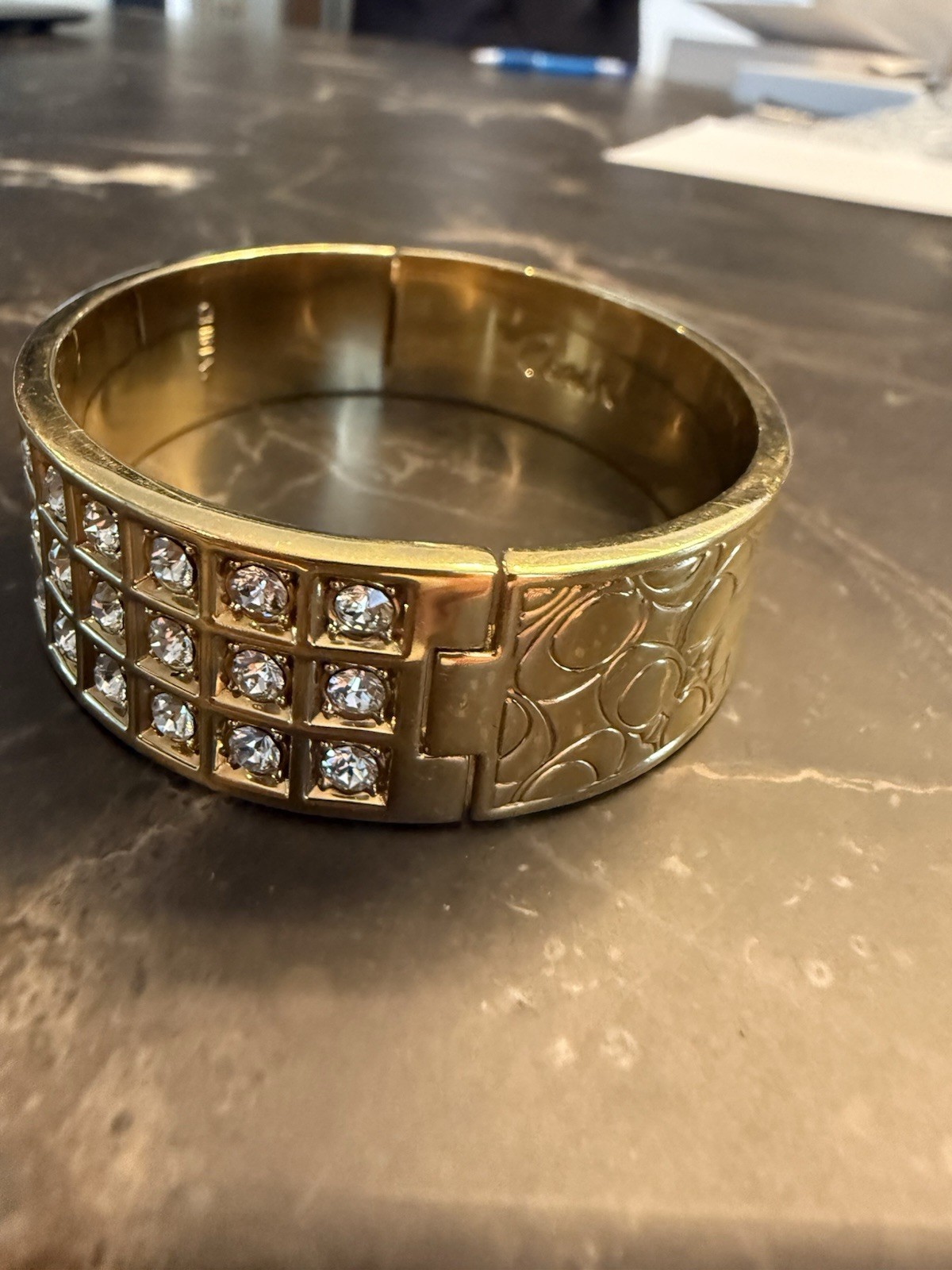 Coach Signed Gold-Tone Hinged Bangle Bracelet Pavé Crystal Accents