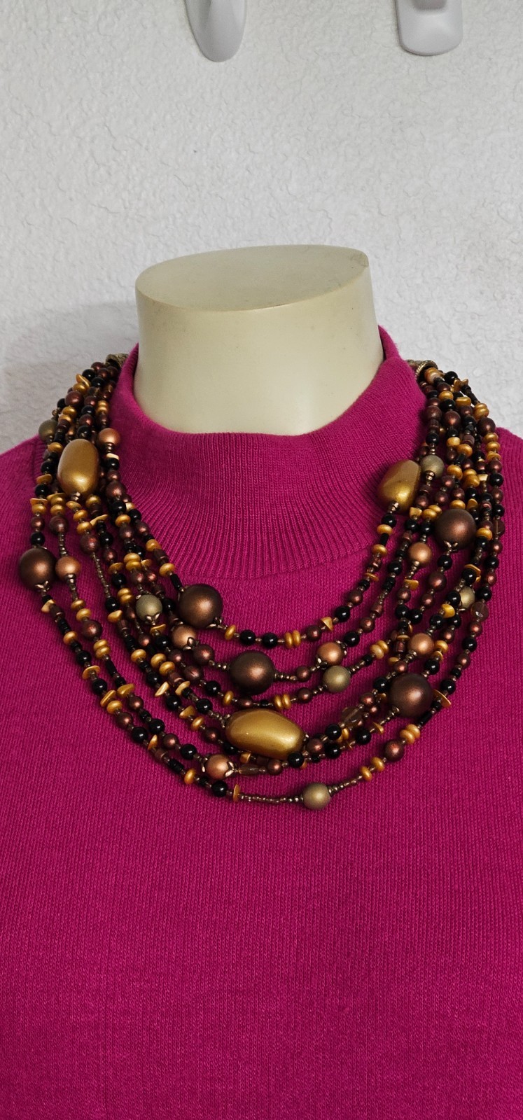 CHICOS 7 strand necklace brown gold beads 21” plus 4 1/2” chain