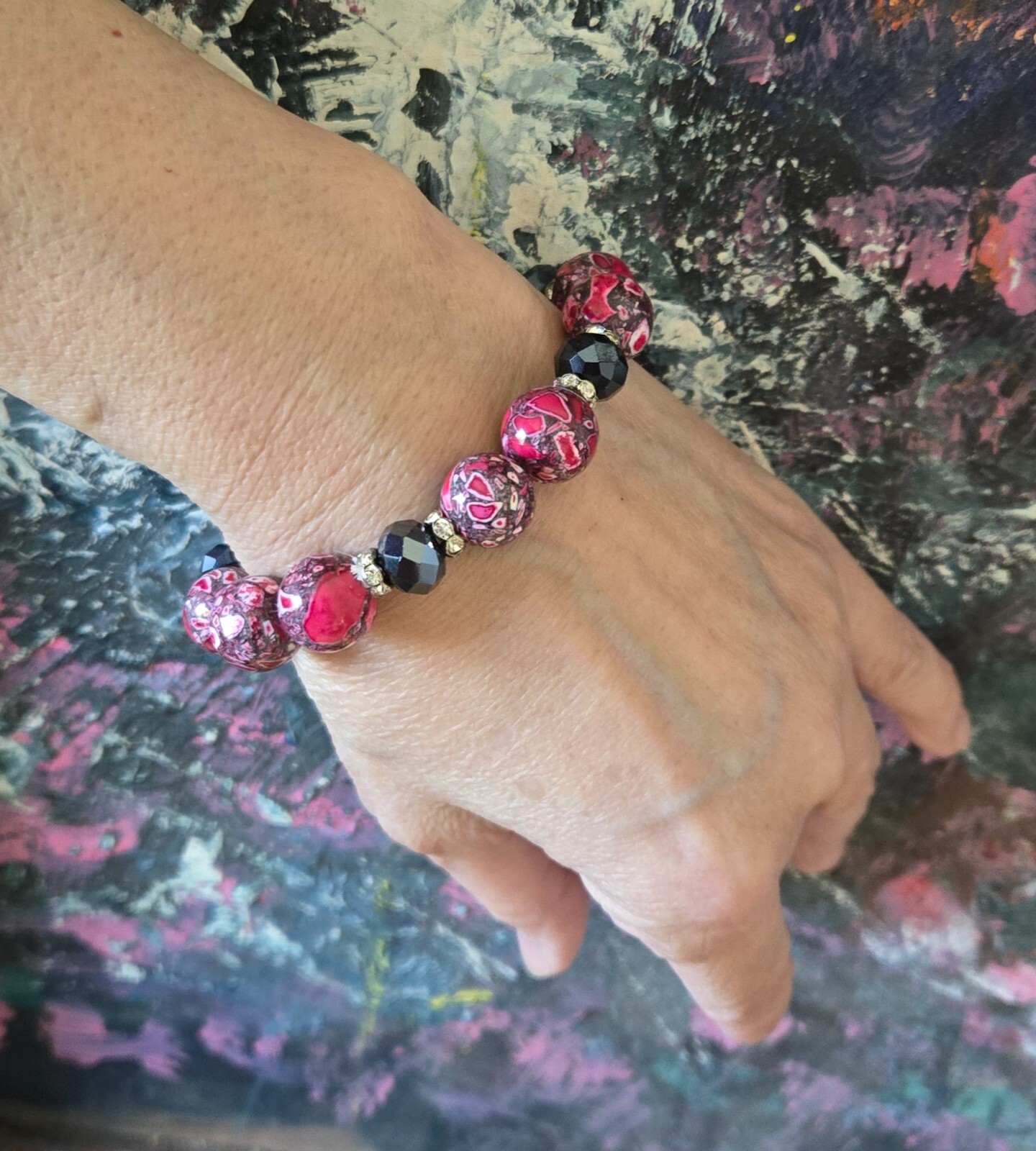 Stone Bracelet Stretch Beaded Multi Black Red White Blue Woman Lot 6 Daily