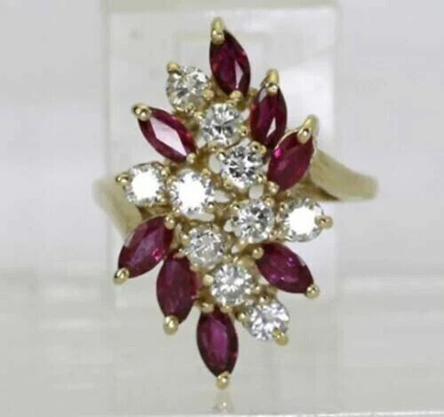 2.90Ct Marquise Simulated Ruby Cluster Engagement Ring 14k Yellow Gold Plated