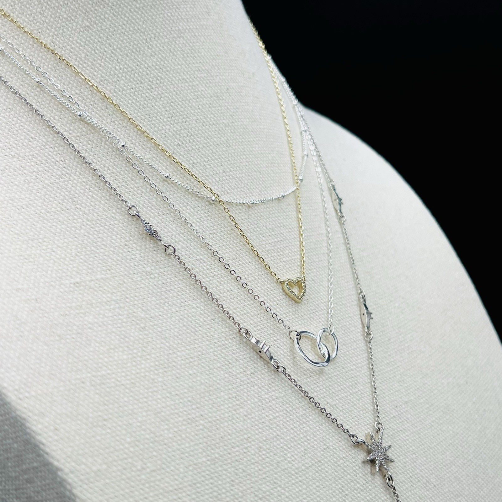 4 Layered Dainty Necklace Set Star Heart Circle Y Drop Chain Silver Gold Tone