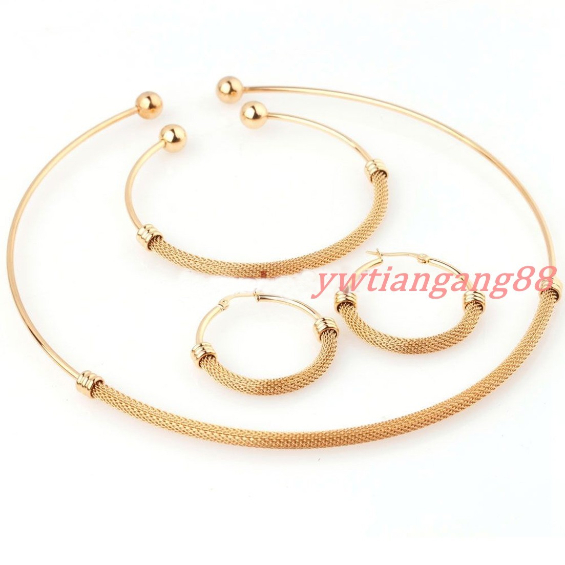 Womens Silver/Gold Color Stainless Steel Necklace Choker Bracelet Jewelry Set