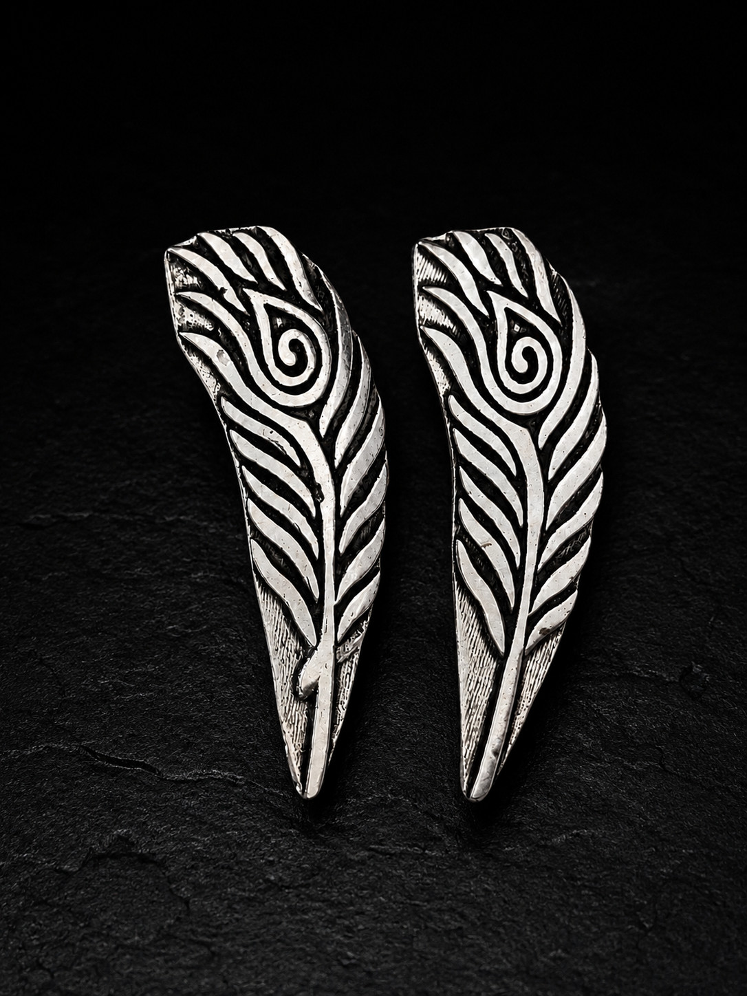 Handmade Silver Tone Feather Wing Stud Earrings Boho Tribal Statement Jewelry
