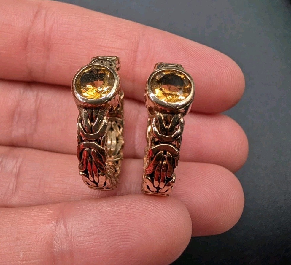 Sterling Silver Gold Vermeil Byzantine Citrine Gemstone OT Turkey Hoop Earrings