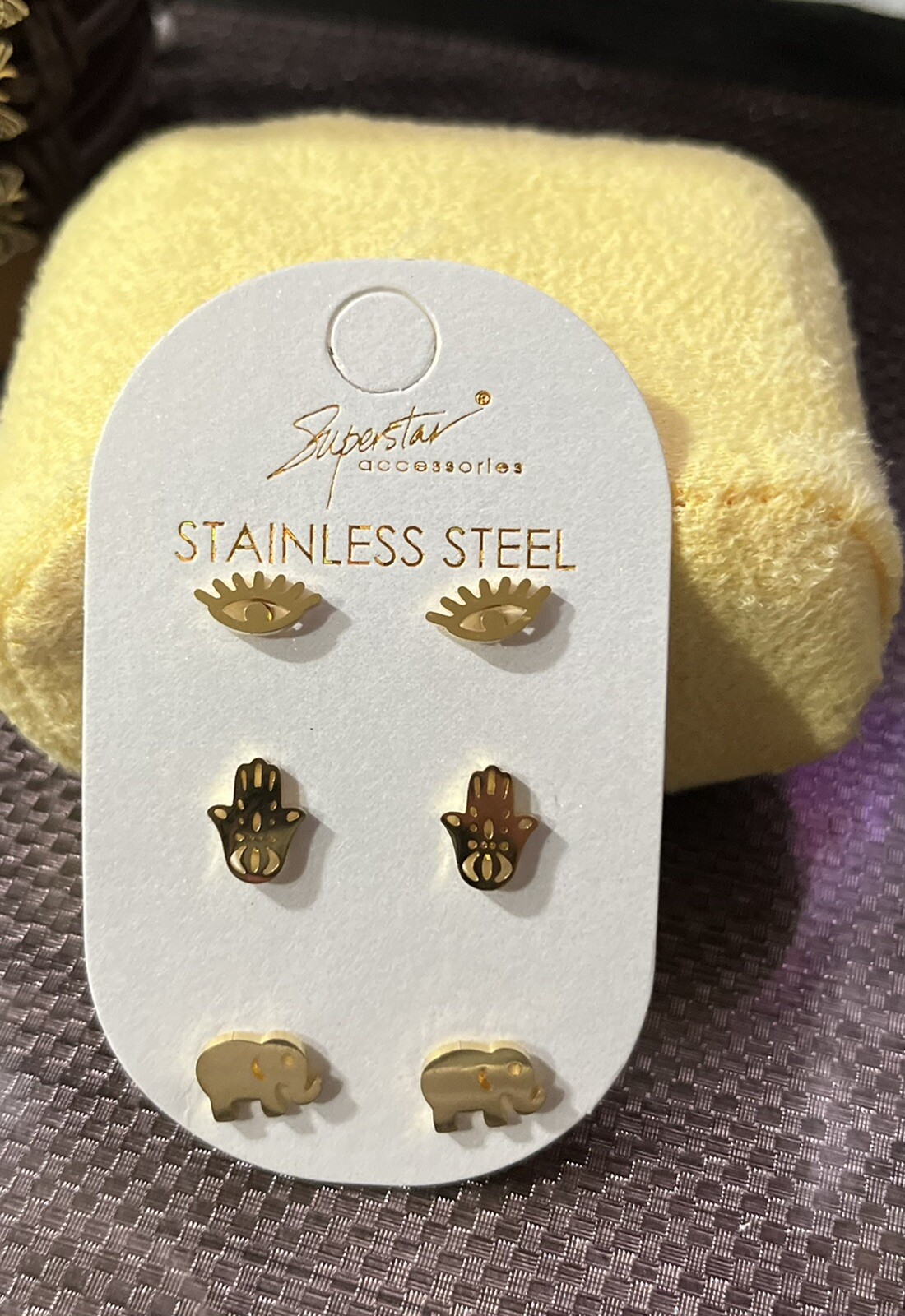 Eye Hand Elephant Stainless Steel Gold Tone Post Earrings Set Of 3 👌👌