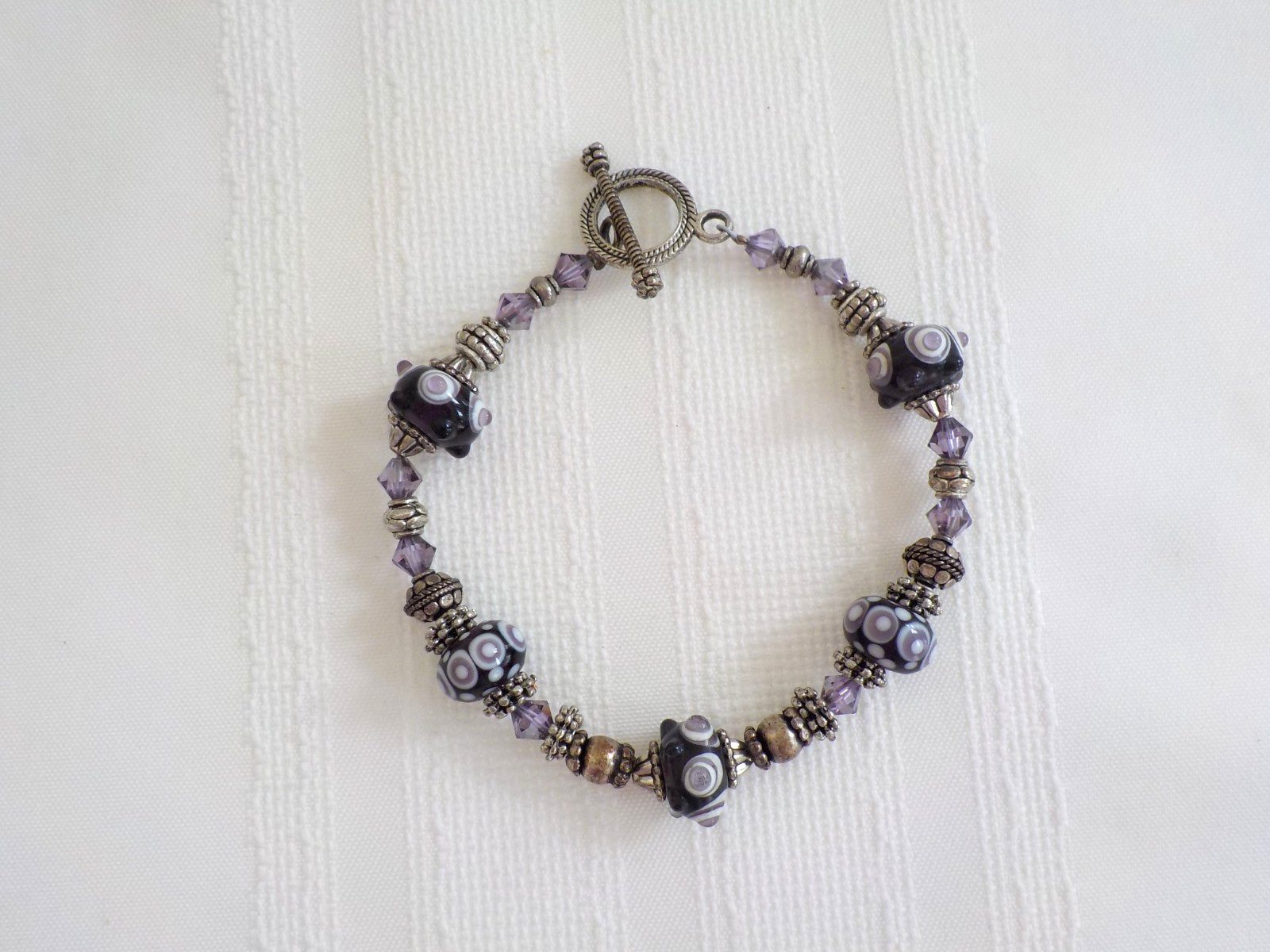Lampwork Black Purple White Bead Bracelet Pierced Earrings Round Toggle Bumpy
