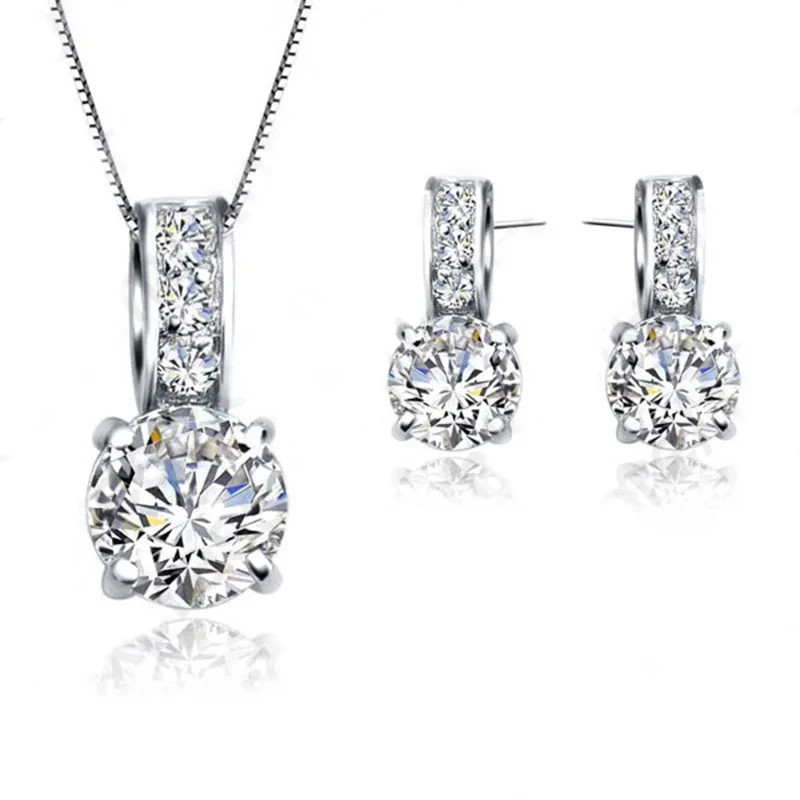 3PCS 925 Sterling Silver Bridal Jewellery Set CZ Crystal Necklace Earrings Gift
