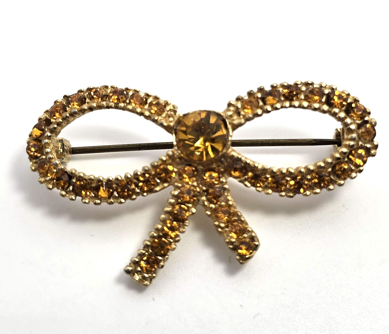 Orange Rhinestone gold toned mid century MCM vintage rhinestone bow brooch