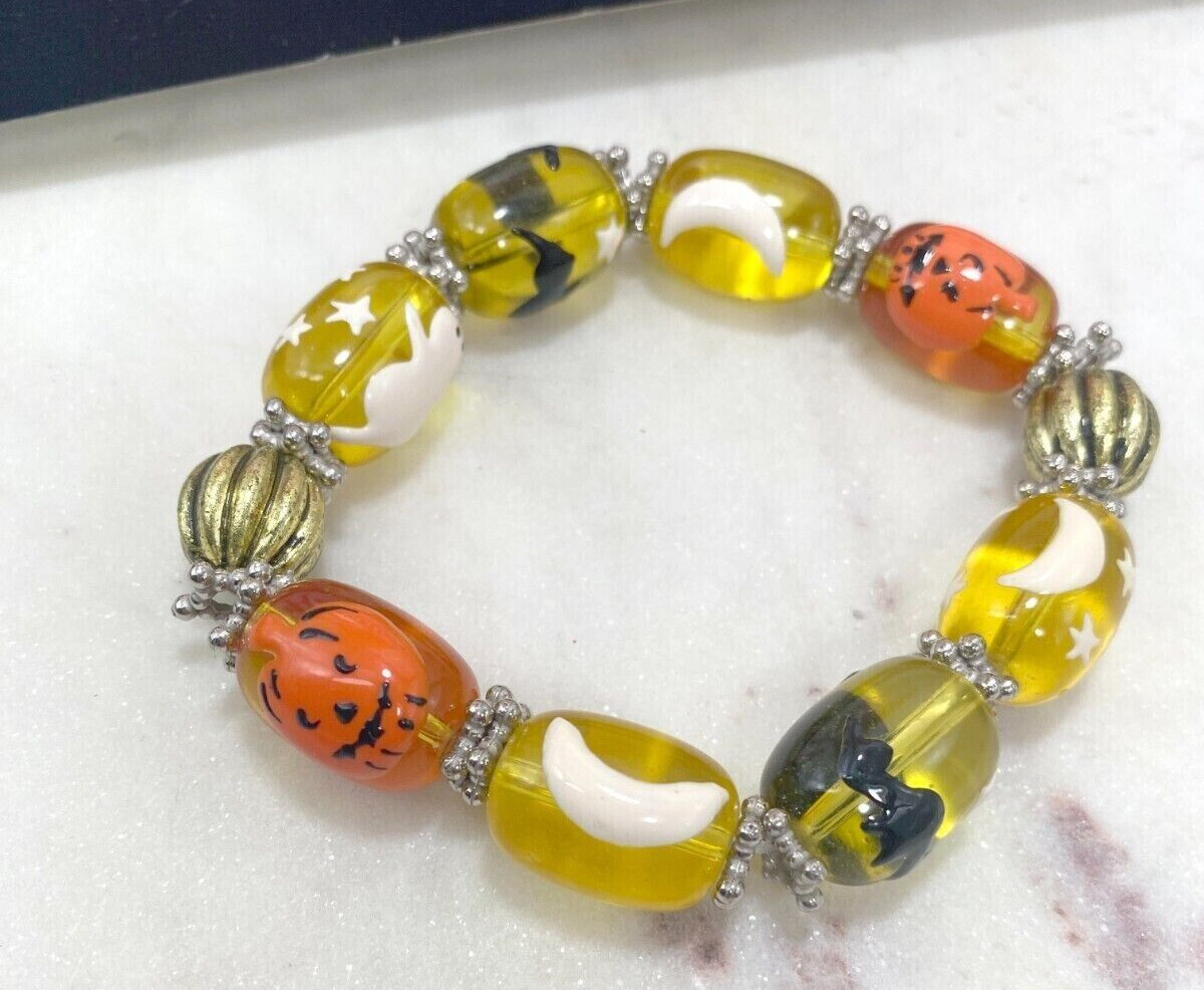 Halloween Bracelet Ghost Bat Dark Night Yellow Glass Beaded Stretch Woman