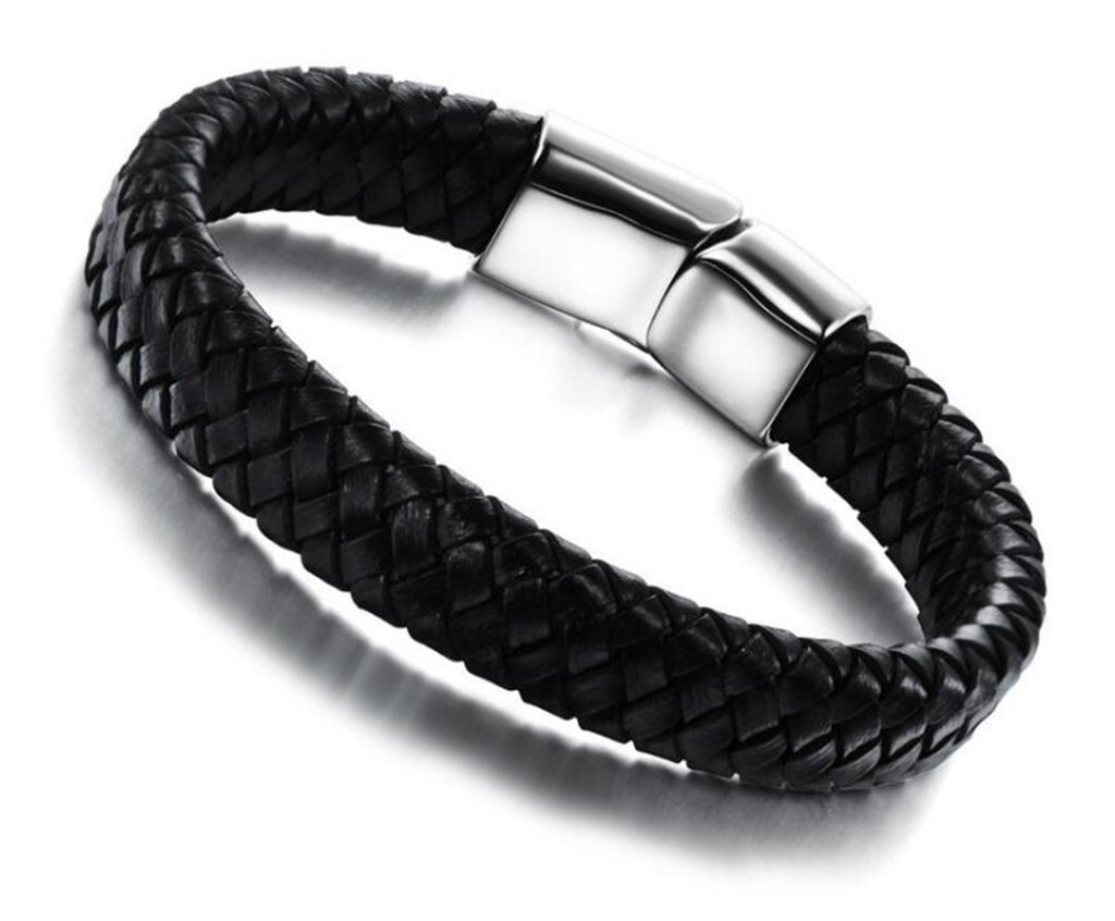 12 mm Flat Black Braided Genuine Leather Wristband Bracelet MEN/Women 7-8.5