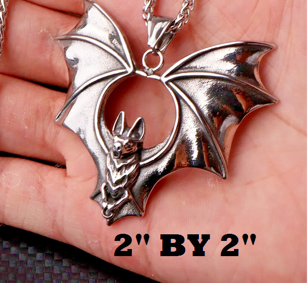 Large FLYING BAT WING VAMPIRE HALLOWEEN Pendant 24″ 925 Sterling Silver Necklace