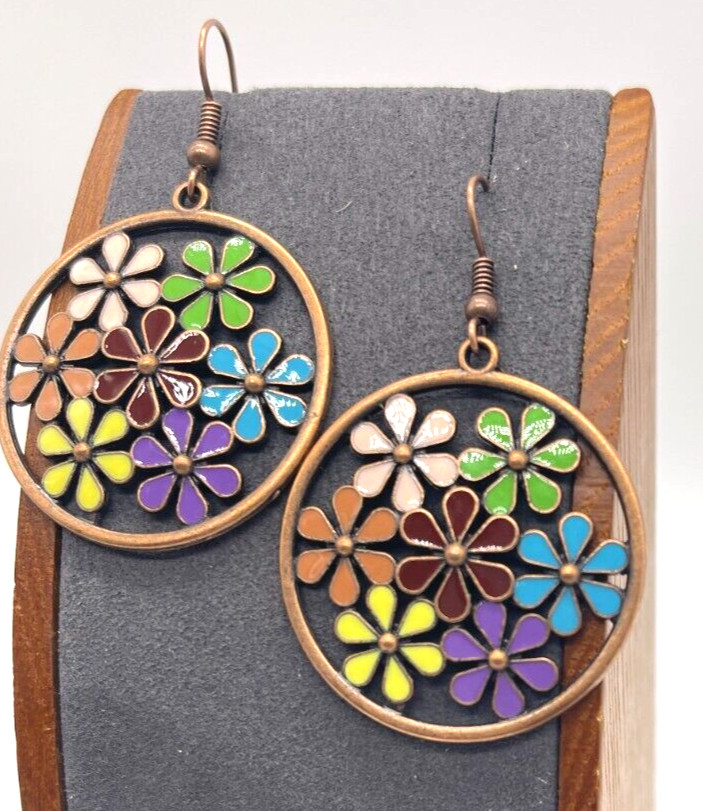 Earrings. Boho Copper Tone Circle with Mullti-Color Flowers. Hook. Drop 2″