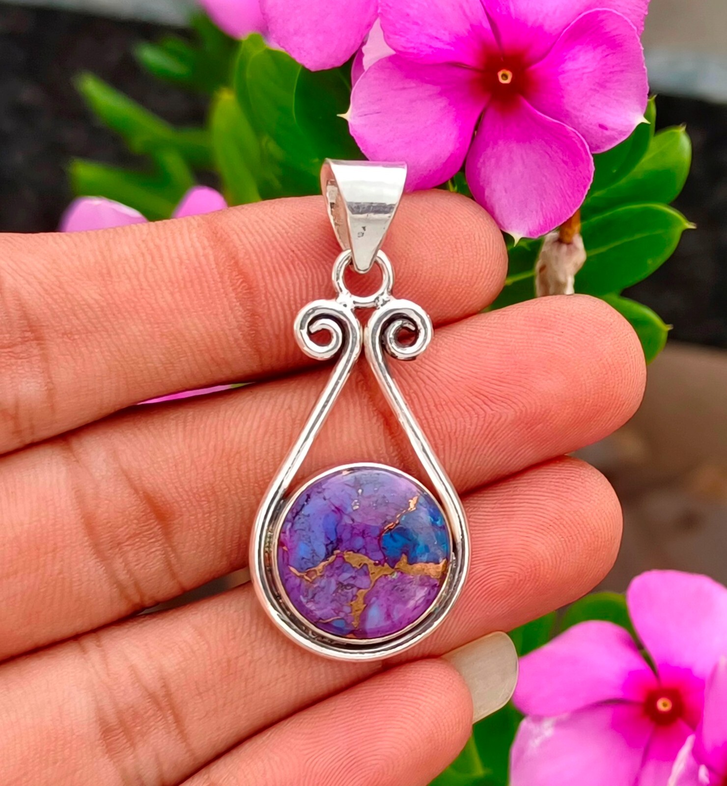 Purple Copper Turquoise Pendant 925 Sterling Silver Gift Handmade Jewelry PG12