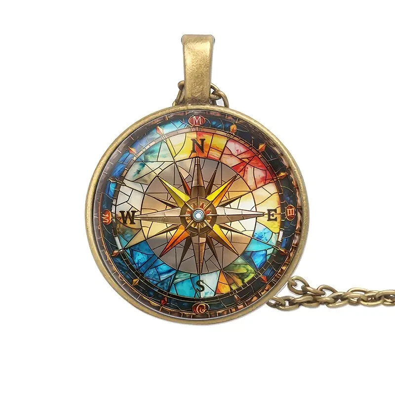 1pc Compass Necklace, Creative Colorful Compass Pendant Necklace, Fashionable