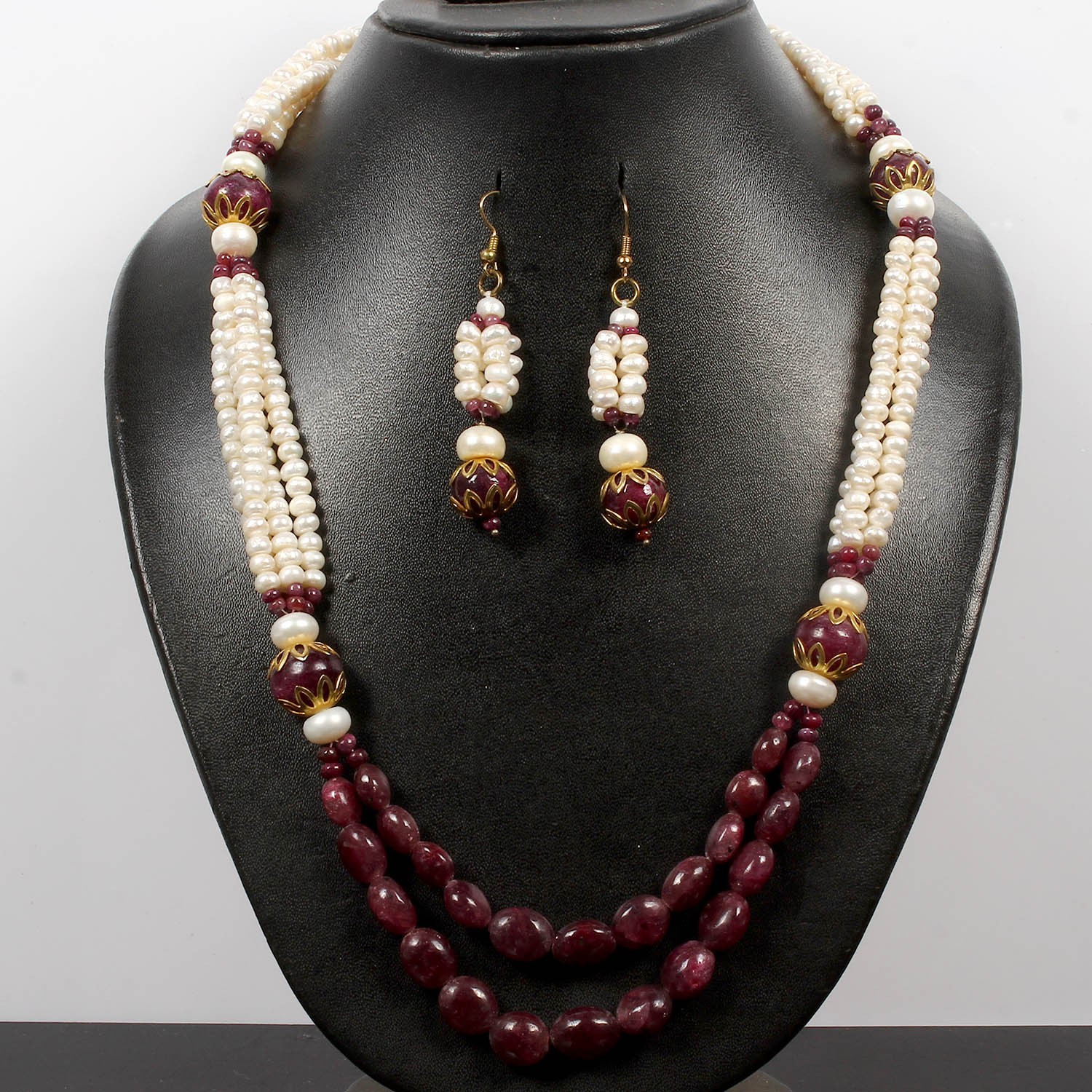 Handmade Natural Ruby Pearl Round Cabochon Gemstone Beaded Necklace Earrings~22″