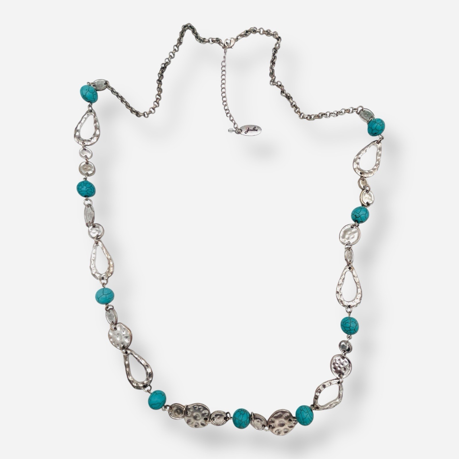 Hammered Silver Plated JULES Long Strand Necklace Turquoise Blue Beaded