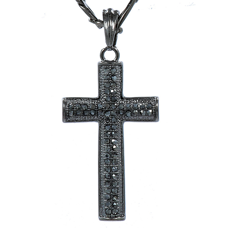 Mens Cross Pendant Hematite Cubic-Zirconia Plated 24″ Gun Metal Figaro Chain
