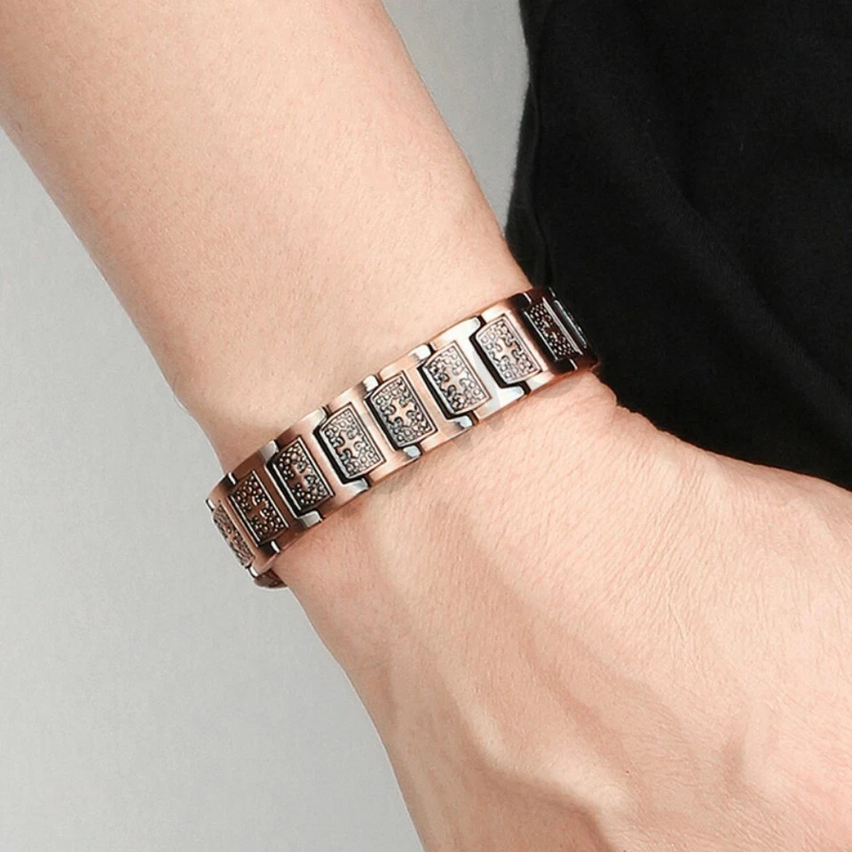 100% Pure Copper Energy Chain Bracelet Magnets Cross Crucifix Therapy Health