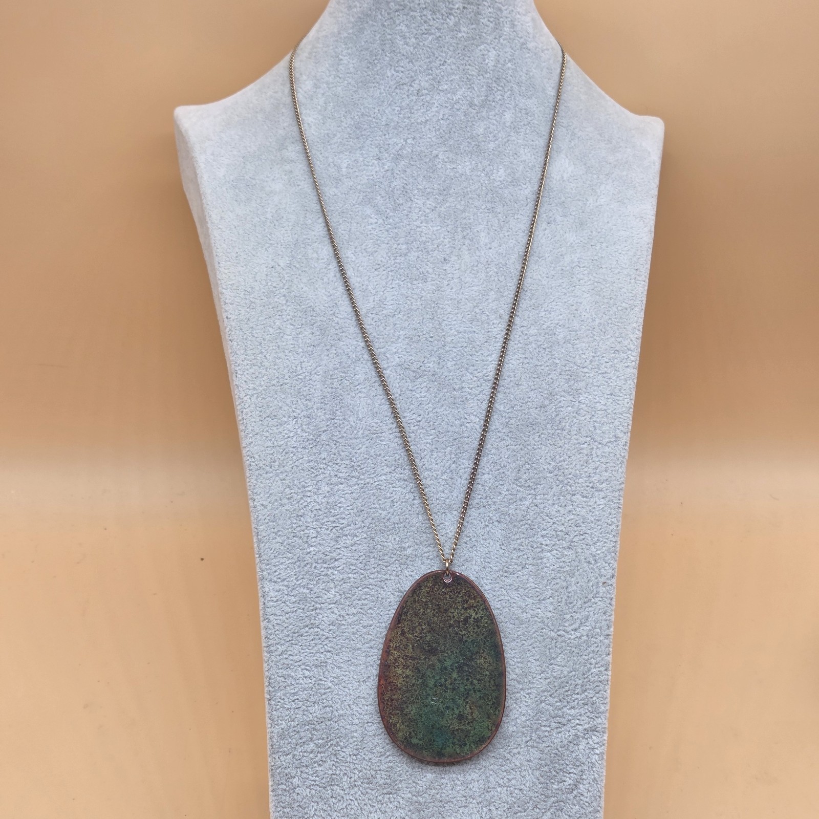 Vintage Enamel on Copper Oval Shape Red Blue Abstract Pendant Chain Necklace