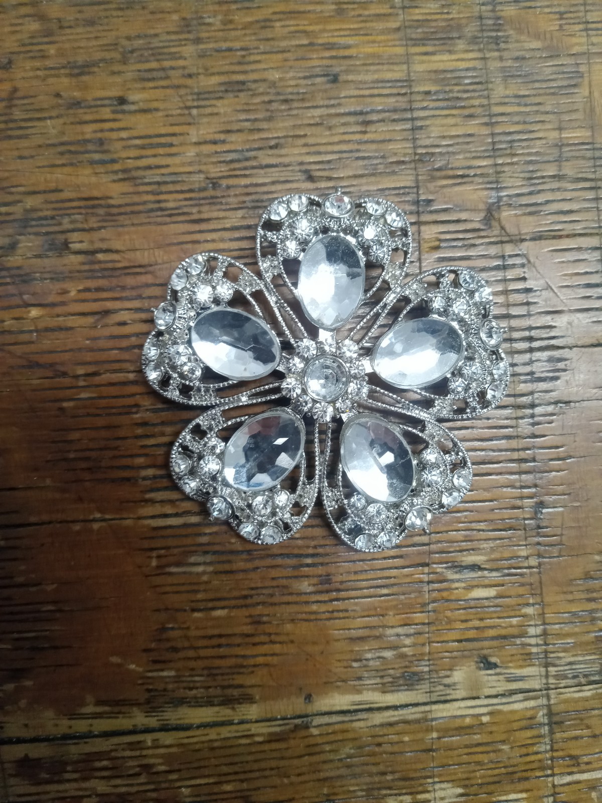 Large 2″ Clear Rhinestone Cluster Flower Brooch Pin Silver Tone Fashion Costume