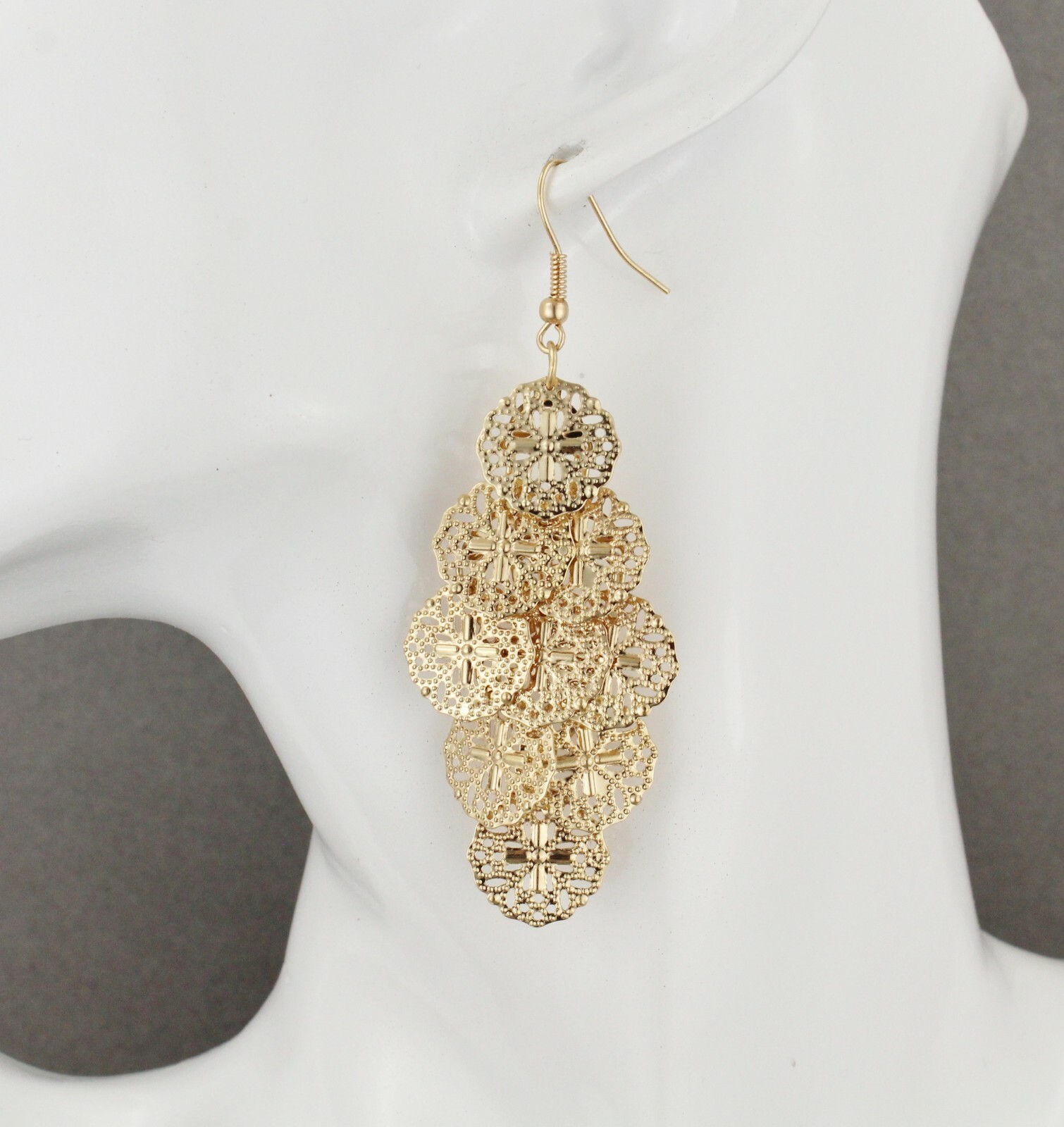 Gold chandelier earrings filigree dangle pendant wiggly 3″ long lightweight