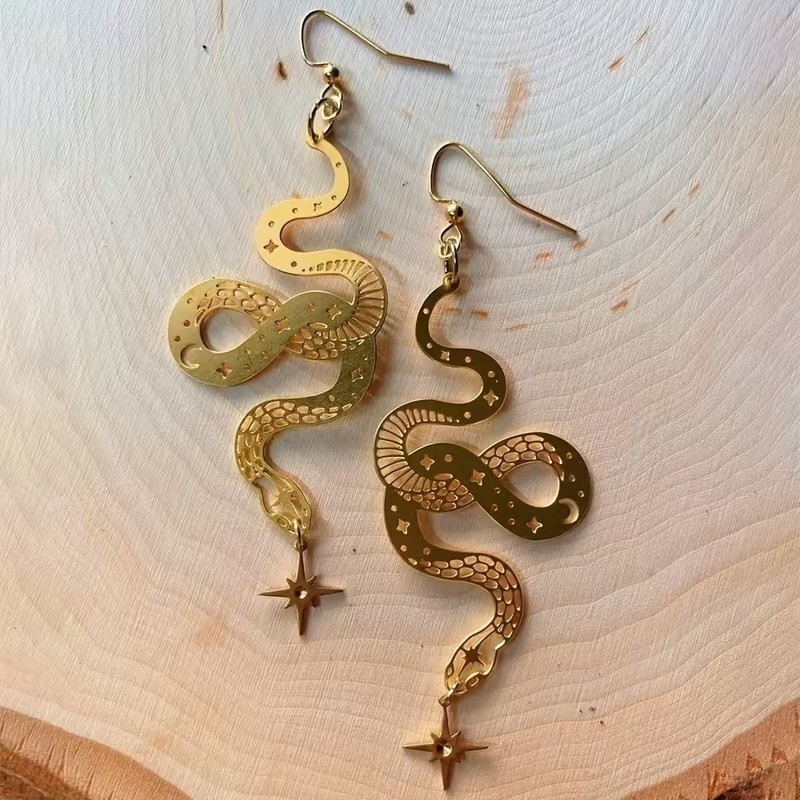 Gold Celestial Snake Drop Earrings North Star Moon Serpent Jewelry Women