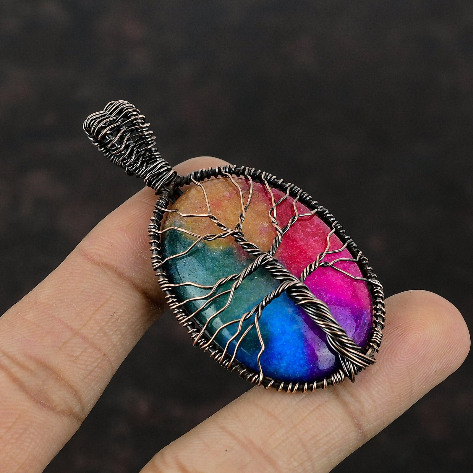 Rainbow Solar Quartz Druzy Copper Wire Wrapped Tree Of Life Pendant 2.56″