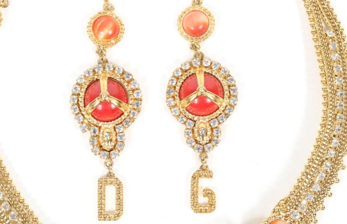 Dolce & Gabbana Necklace With Resin Coral Rhinestones Matching Dangle Earrings