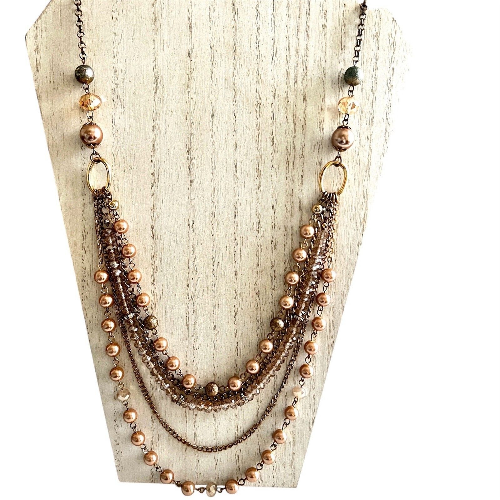 Layered Necklace Mocha Faceted Beads And Chains Five Strands 32″ Extension