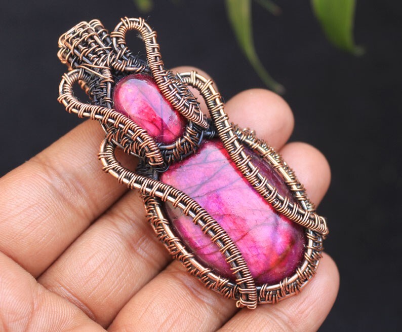 Pink Fire Labradorite Copper Wire Wrap Pendant Jewelry Birth Gift Pendant N8