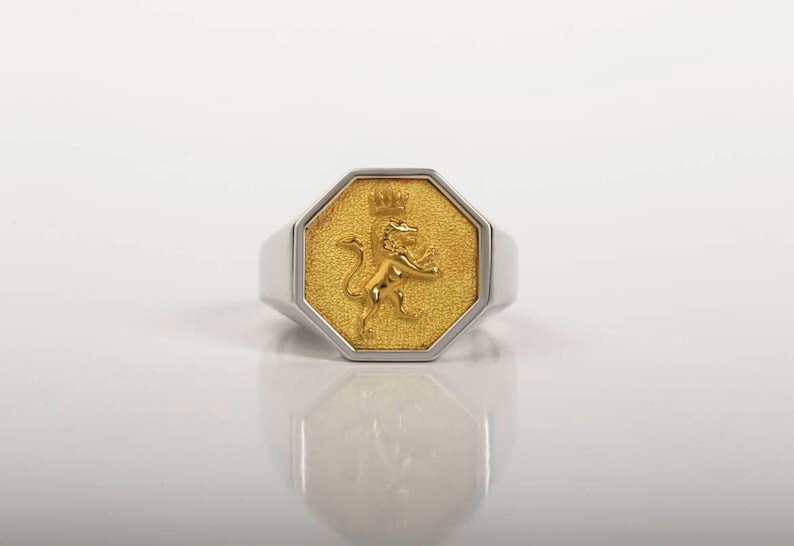 Men’s Silver Gold Plated Lion Signet Ring Octagon Royal Custom Animal Ring
